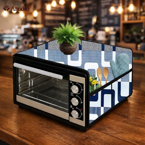 Image of Microwave Oven Top Cover 35x100 cm | Wipe Clean Fabric | 4 Utility Pockets (Geometric-16)