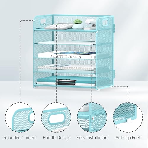 Image of Supeasy 5 Trays Paper Organizer Letter Tray with Handle-Mesh Desk File Organizer, Paper Sorter Desk Organizer for Office, Home or School (Light Blue)