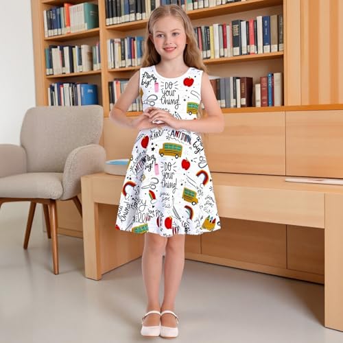 WonderBabe Back to School Dress Girls Summer Sleeveless Casual A-line Midi Dress Toddle Girls First Day of School 0utfit3