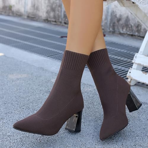 Women's Knit Ankle Boots Fall Winter Pointed Toe Chunky Heel Booties, Elegant Elastic Knitted Dress Sock Boots for Office Party Evening, Women Comfortable Heeled Booties Walking Shoes3