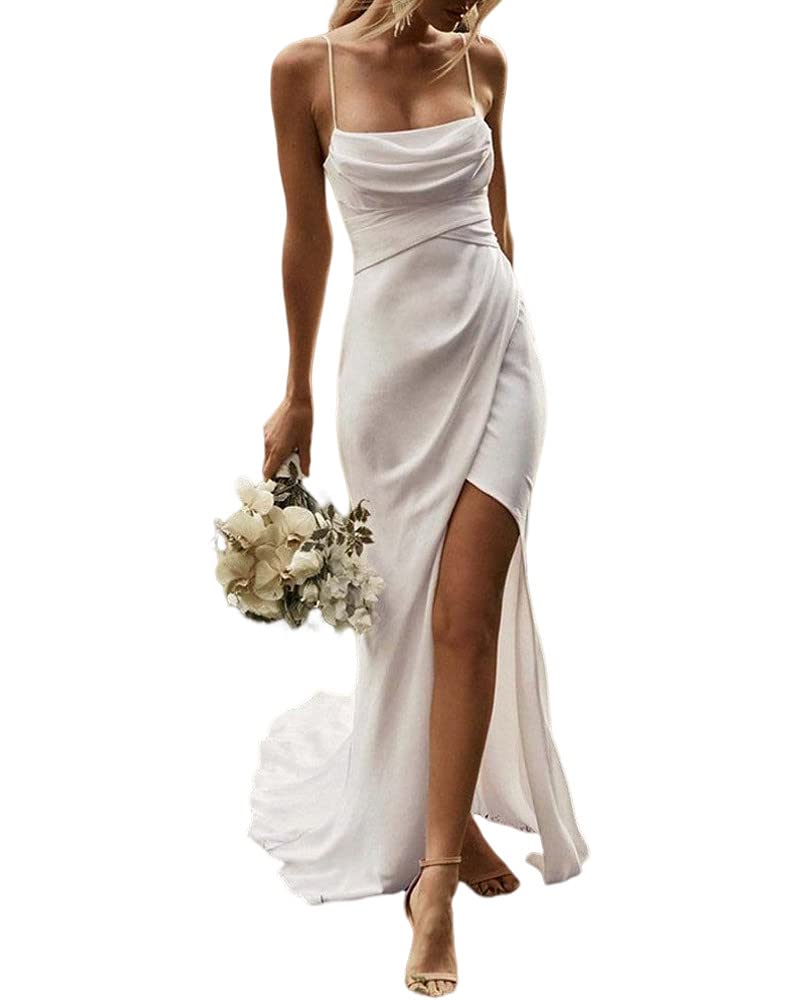 Sexy Lang Meerjungfrau Hochzeitskleid Spaghettiträger Hochgeschlitzte Robe Einfaches Rückenfreies Brautkleid Strandhochzeitskleid, Weiß, 34