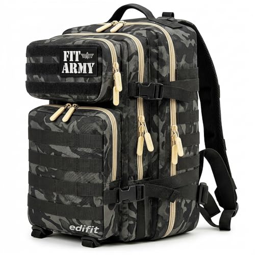 EDIFIT, Mochila Crossfit, 45L, Militar, Tactica, para Gimnasio, Senderismo, Acampada o Supervivencia, Unisex, Resistente, con Multiples Bolsillos (Camuflaje)
