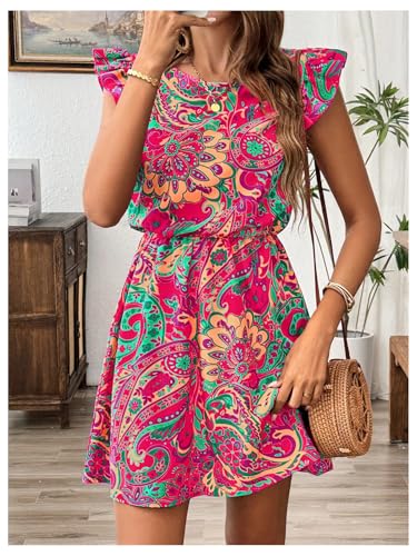 Women's Paisley Floral Ruffle Cap Sleeve Boho Dress Crew Neck Tie Back Vacation Summer Dresses4