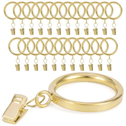 Curtain Rings with Clips - Set of 24, Interior Diameter 1.5inch,Fits Up to 1.2Inch Rod (Gold-24pcs)