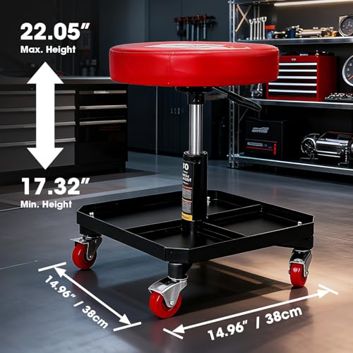 Image of Big RED Rolling Mechanic Stool with Tool Tray, Pneumatic Garage Seat, Adjustable Height Form 17 inch-22 inch,Storage Workshop Chair for Auto Repair