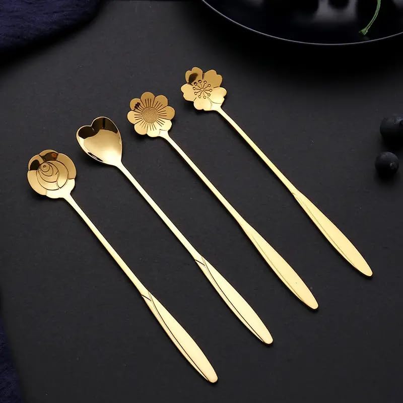 Image of Gold Tone Dessert Spoon Set with Decorative Flower and Heart Shaped Spoon Heads (Pack of 8)