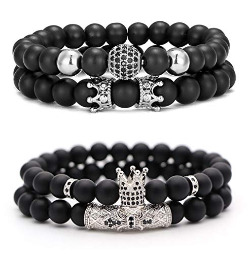 CARSHIER 4 PCS 8mm Crown King Charm Beads Bracelet for Men Women Natural Black Matte Onyx Stone Beads, 7.5