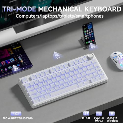 Image of SOLAKAKA A75 Wireless Gaming Keyboard with Multifunction Knob, BT5.0 /2.4GHz /USB-C, 75% Mechanical Keyboard, Hot-Swappable, Gasket Creamy Keyboard with RGB Backlit, Crystal Keycaps, for PC /Mac /PC