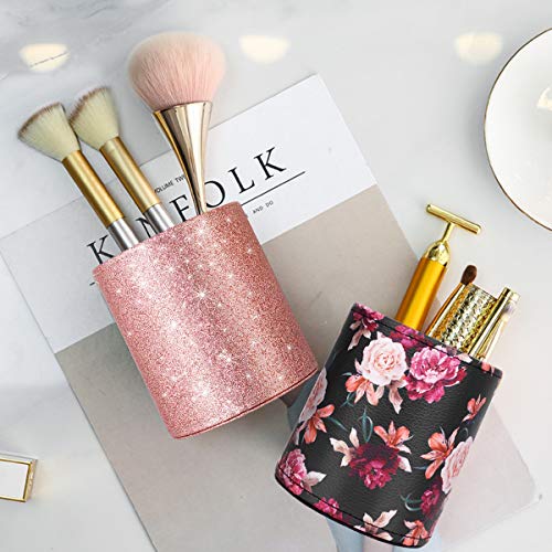 Image of Round Leather Pen Pencil Holder for Desk, Black Flower