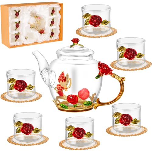 7 Pcs Floral Glass Tea Set for Women Vintage Flower