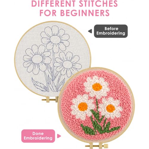Image of Punch Needle Kit for Beginners Adults-Flower Daisy,with Video Tutorial | Punch Needle Kits Adults Beginner,HD Pre-Printed Fabrics,with Embroidery Hoop,Stress Relief Craft,DIY Great Gift,7.8x7.8In