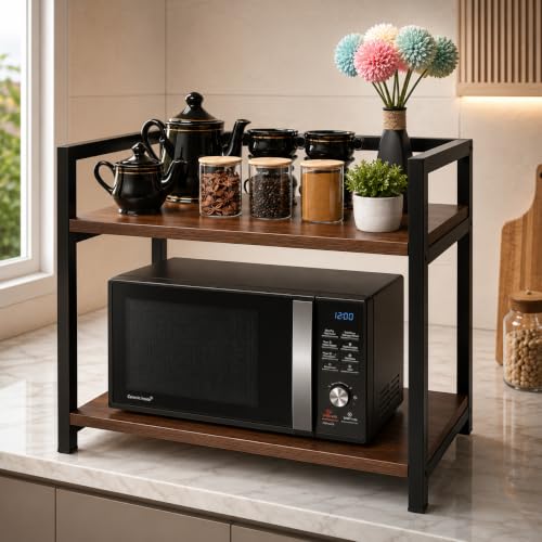 Image of REMANENCE 2-Layer Microwave Stand, OTG Stand, Microwave Oven Platform Rack, Kitchen Storage Shelf (Walnut Brown & Black Pipe,Alloy Steel;Engineered Wood, Tiered Shelf) (Black)