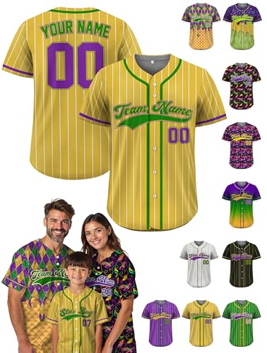 Custom Baseball Jersey Personalized Stripe Your Name Number Button Down Softball Team Shirt, Holiday Outfit, Family Matching Men Women Youth Kids, Yellow Multicolors Jerseys