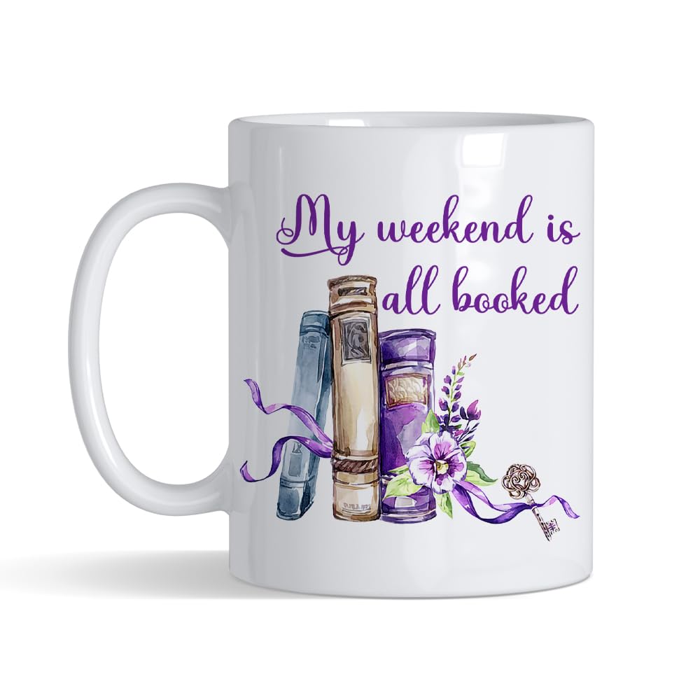 Crunchy Carrots My Weekend is All Booked Mug - 11 oz Ceramic Coffee Mug for Book Lovers, Bookworm, Reader, Teacher, Book Nerd, Bookish. (White)