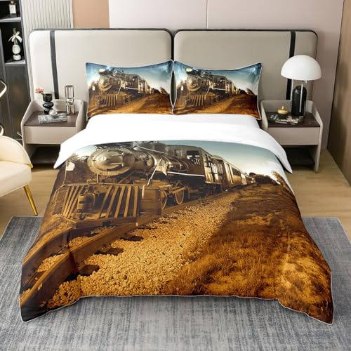 Loussiesd Juego de ropa de cama con impresión de tren 3D, juego de ropa de cama para niños y niñas, juego de ropa de cama de 135 x 200 cm, 100 % algodón, 100 % algodón, 100 % algodón, juego con 1