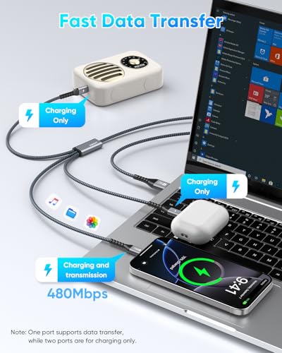 SUNGUY USB C Câble 5FT/1,5M, 3 en 1 Cord multichargeur QC3.0 USB à USB-C Câble avec 3 Ports de type C Nylon tressé pour i-Phone 17/16/15 Series, Galaxy S25 S24, Huawei, Google, Honneur, LG, Comprimés