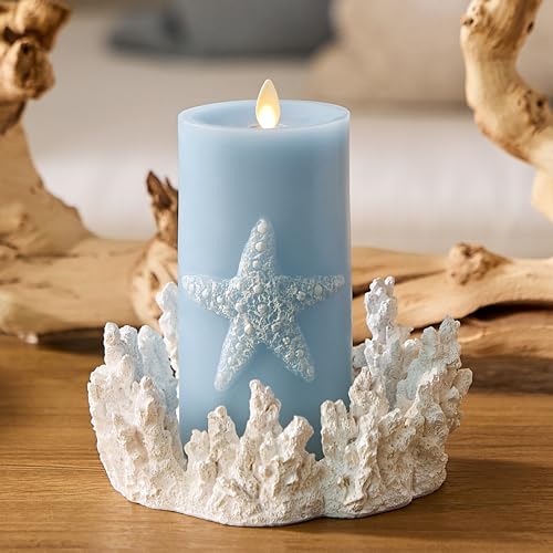 Image of Luminara Embossed Starfish Flameless LED Candle Moving Flame Pillar, Unscented Real Wax with Recessed Edge- 3 inch x 6.5 inch (Chambray)