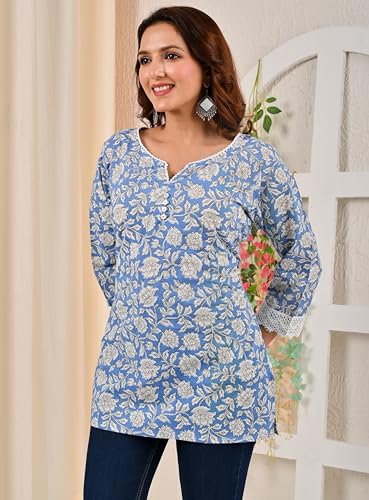 Image of MAHIRA'S Women's Short Kurti, Black Rayon Tunic Top with Embroidered Sleeves, 3 /4 Designer Sleeves