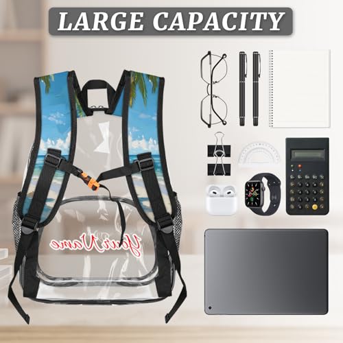 Personalized Small Clear Backpack Stadium Approved Heavy Duty PVC Plastic Custom Transparent Backpacks See Through Bag with Name, Ocean Beach Tropical Palm Tree3