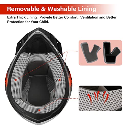 Image of XFMT Youth Dirt Bike Helmet DOT Kids Full Face Helmet for Motocross ATV Off-Road Street Bike Four Wheeler with Goggles & Gloves, Black Red Firework Small
