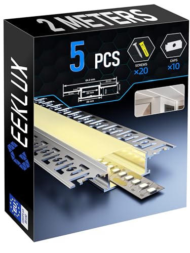 GEEKLUX 5× profile alu pour ruban LED 2M — 64,2 × 13,8 mm profilés en aluminium, convient aux bandes LED max 20 mm, profilé LED encastrable pour intérieure maison, profilé aluminium avec diffuseur