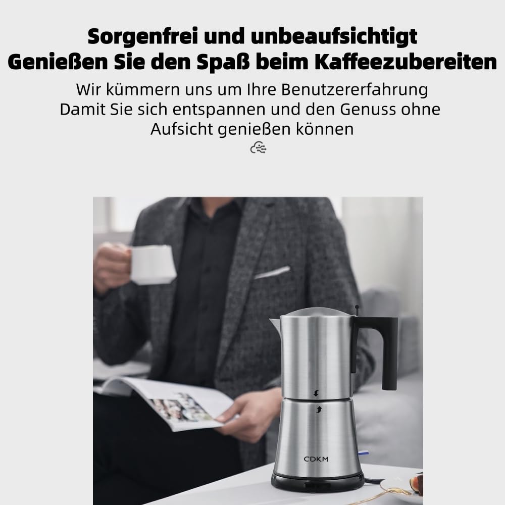 Espressokocher Elektrisch, Edelstahl Moka pot, One-Touch, 3-6 Tassen | Automatische Mokka-Kaffeemaschine, italienische Espressomaschine, Automatische Abschaltung, 340 ml Espressomaschine