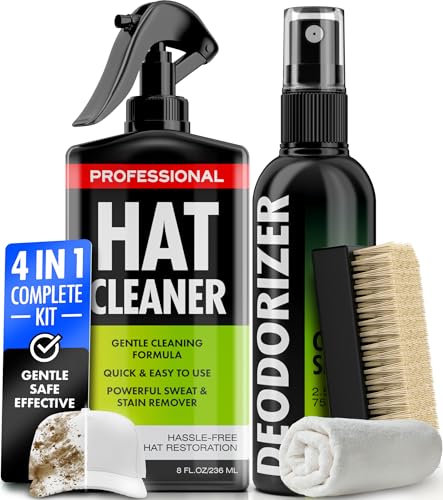 4-in-1 Professional Hat Cleaning Kit - Removes Dirt and Stains, Gentle Hat Cleaner for Baseball Caps, Fitted Cowboy, & Felt Hats, Complete Hat Cleaner with Hat Deodorizer, Brush & Microfiber Cloth