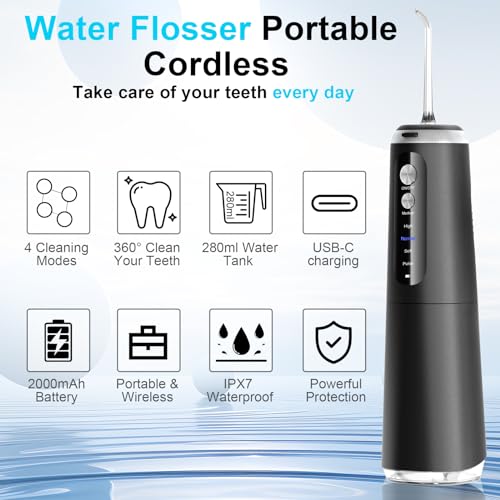 Munddusche Kabellos Water Flosser mit 4 Modi & 5 Düsen, Upvital Munddusche Tragbare 280ML Zahndusche, IPX7 Wasserdicht & 2000mAh Batterie, USB-C Wiederaufladbare Zahnreiniger für Reisen & Hause – Bild 7