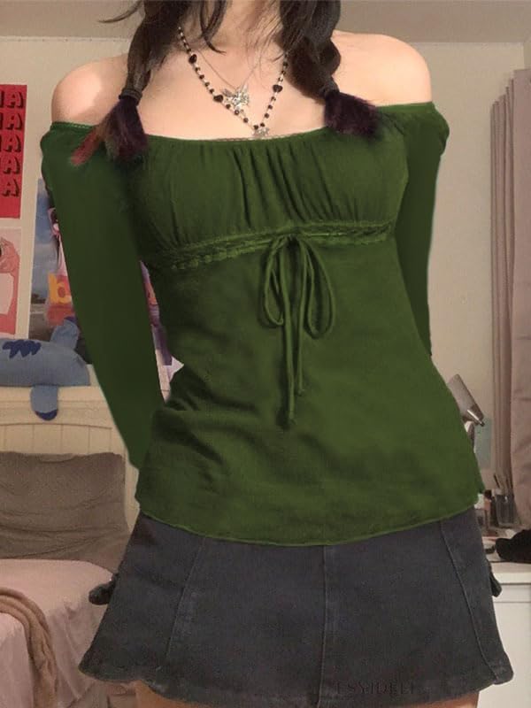 Y2K Mesh Top Women Long Sleeve Shirts Scoop Neck Ruffle Hem Babydoll Blouse - Image 2