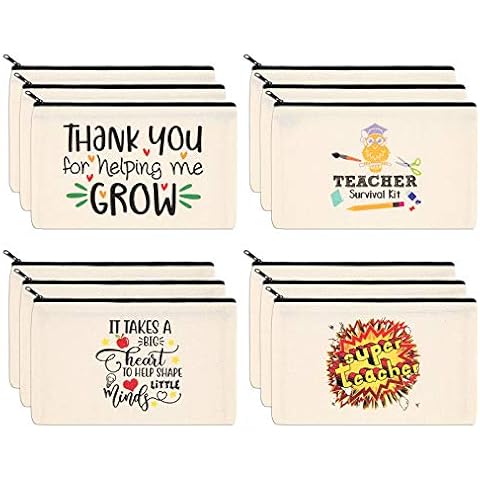 PARBEE Teacher Gift Makeup Bag, 12PCS Canvas Cosmetic Pouch Zippered Toiletry Bags Case, Appreciation Gifts for Teachers Cover