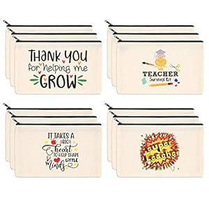 PARBEE Teacher Gift Makeup Bag, 12PCS Canvas Cosmetic Pouch Zippered Toiletry Bags Case, Appreciation Gifts for Teachers
