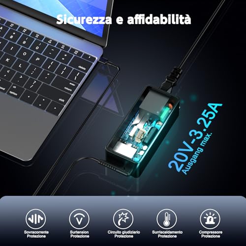 Alimentatore USB C 65W Caricatore per ThinkPad X1 Carbon T14 T15 T480 T490 T590 T580 E480 E490 E580 E590 E595 Yoga C740 720 730 720-13ikb 730-13ikb 910 Tipo C Caricabatterie Adattatore