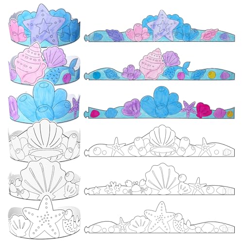 Sumind 24 pieces Color Your Own Crowns DIY Paper Hats for Children Kids Craft Sunday School Activity(24 Mermaid)