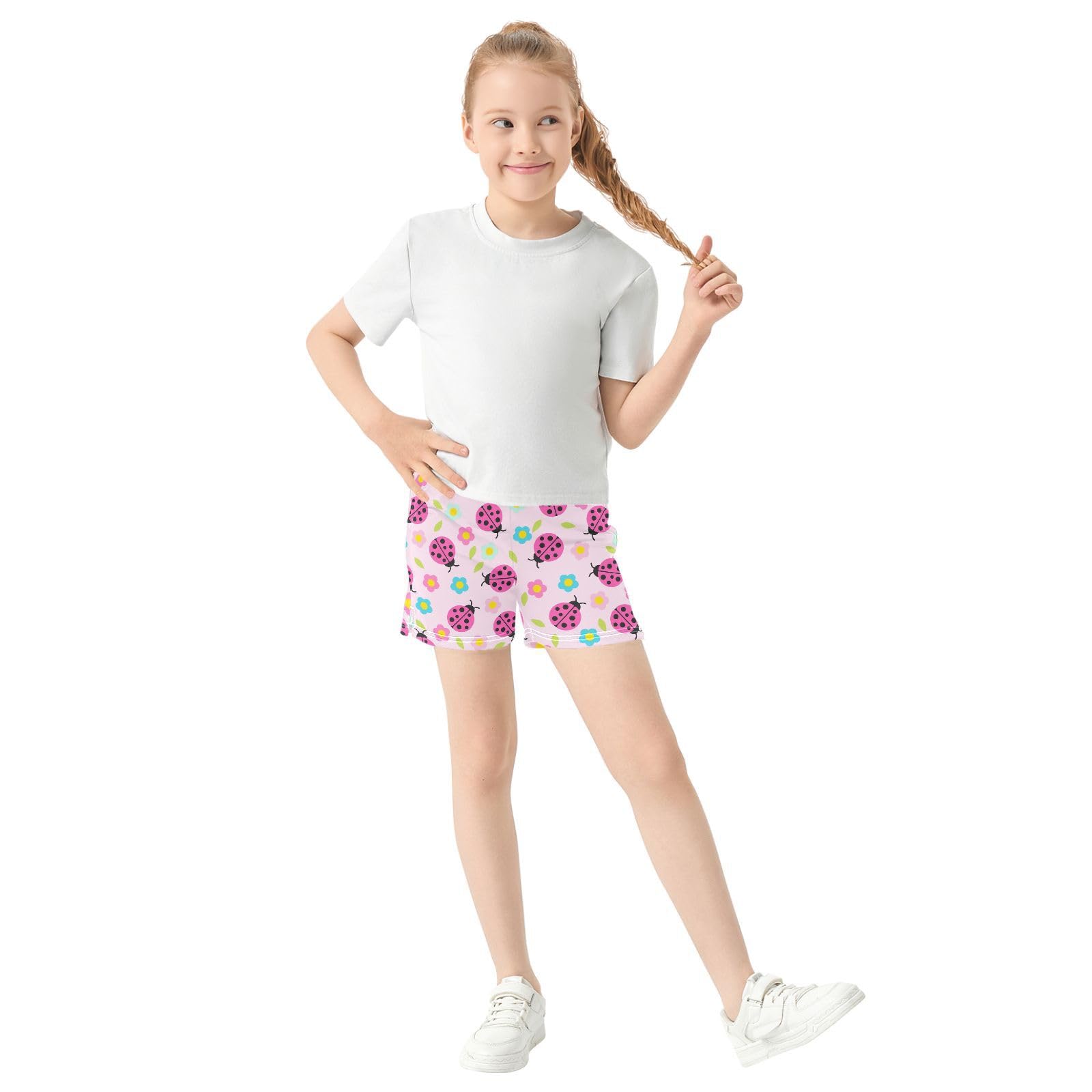 pnyoin Girl's Shorts Flowers Ladybird Athletic Running Shorts with Pockets Size 12-13t Multi