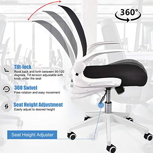 Ipkig Foldable Office Chair - Home Office Desk Chairs With Wheels And Flip-Up Arms - Foldable Backrest Mesh Computer Chair Adjustable Swivel Rolling Home Executive (White) #TOP3