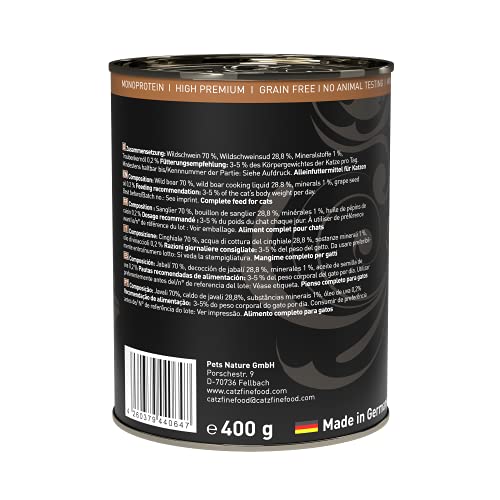 catz finefood Purrrr Wildschwein Monoprotein Katzenfutter nass N° 109, für ernährungssensible Katzen, 70% Fleischanteil, 6 x 400g Dose
