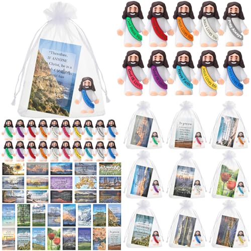Bememo 50 Sets Christian Gifts Bulk Bible Verse Cards Include Little Jesus Figures Prayer Cards and Organza Bags for Religious Party Favors Sunday Baptism Gifts (Landscape Style,Mixed Colors)
