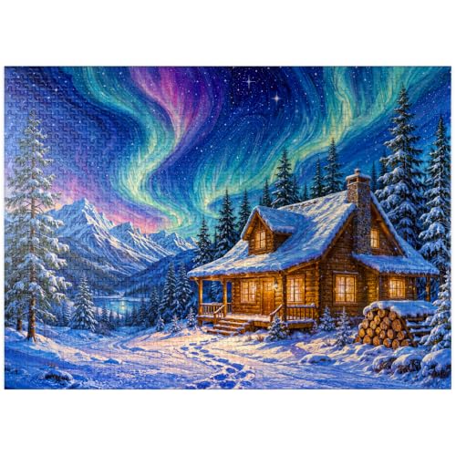 MyPuzzle Northern Lights Cabin Winter Serenity - Rompecabezas premium de 1000 piezas para adultos miniatura 1