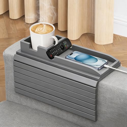 Image of FUNKYLEE Bamboo Couch Armrest Table, Couch Arm Tray with Removable Couch Cup Holder, 2 in 1 Design Foldable Anti-Slip Bamboo Sofa Arm Tray for Remote Controls, Phones, Cups and Snacks (Grey)