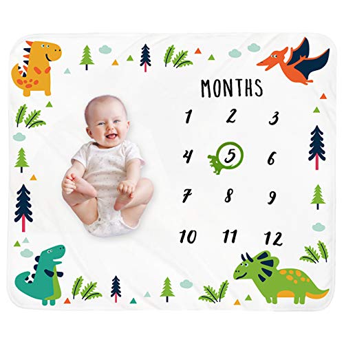 Image of Baby Monthly Milestone Blanket Boy - Dinosaur Neutral Newborn Month Blanket for Boy & Girl Personalized Shower Gift Soft Plush Fleece Photography Background Prop with Frame Large 47''x40''