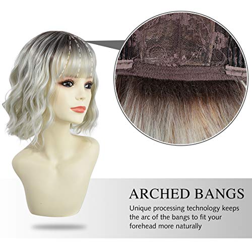 Image of Rose bud Wavy Bob Wig with Bangs Natural Black to Silver Wig Synthetic Hair Shoulder Length Short Hair Curly Wigs for Women