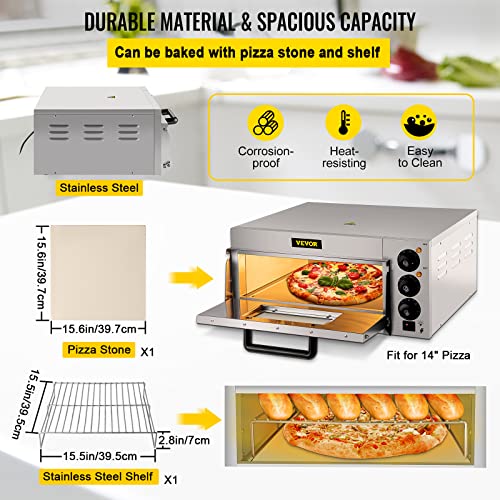 Image of VEVOR Commercial Pizza Oven Countertop, 14 inch Single Deck Layer, 110V 1300W Stainless Steel Electric Pizza Oven with Stone and Shelf, Multipurpose Indoor Pizza Maker for Restaurant Home Pretzels Baked