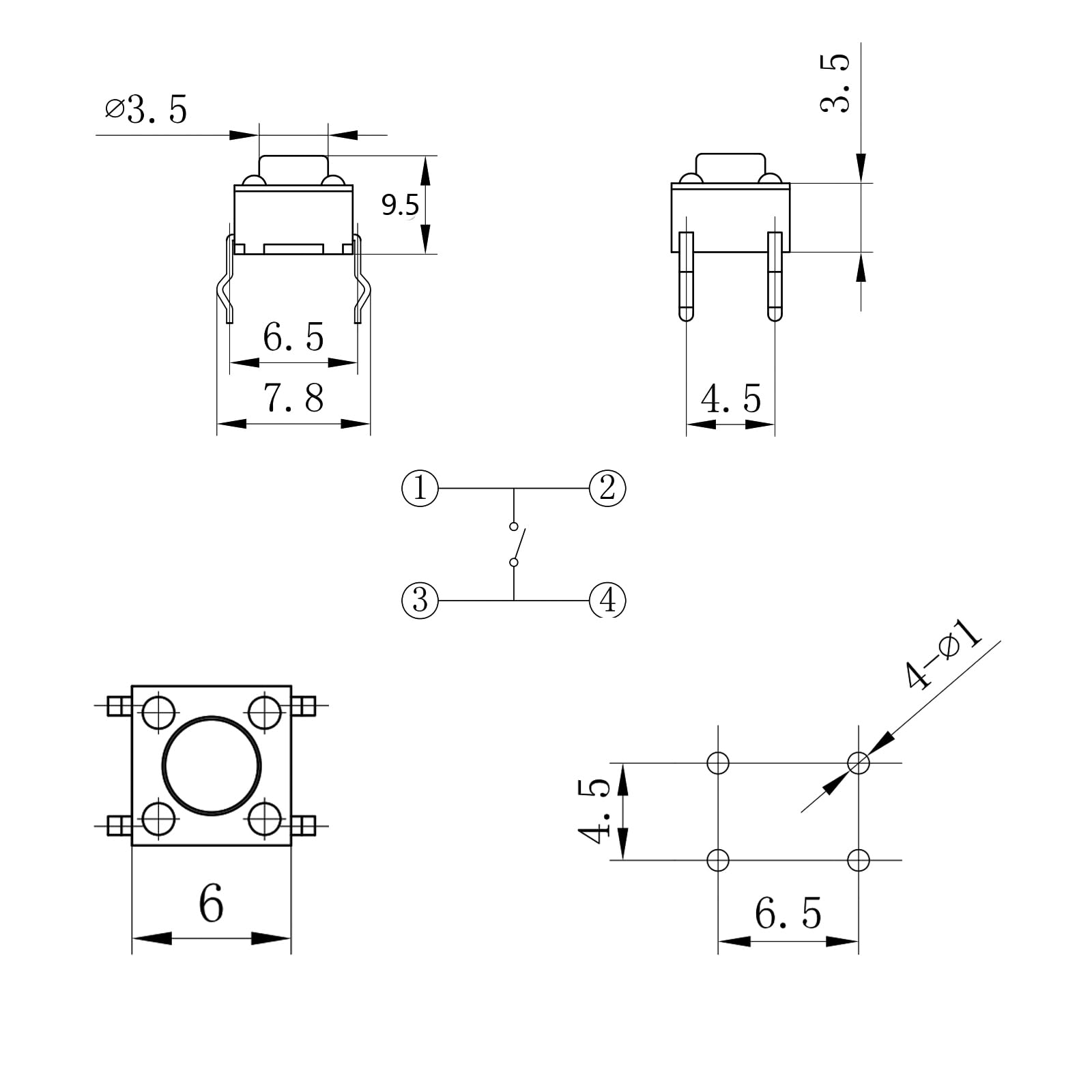 20 Pcs 6x6x9.5mm Tact Switchs 4 Pin
