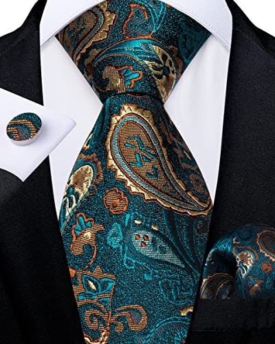 Image of DiBanGu Silk Zipper Ties for Men,Paisley Solid Plaid Pre-tied Tie and Pocket Square Cufflinks Set Formal Adjustable Necktie