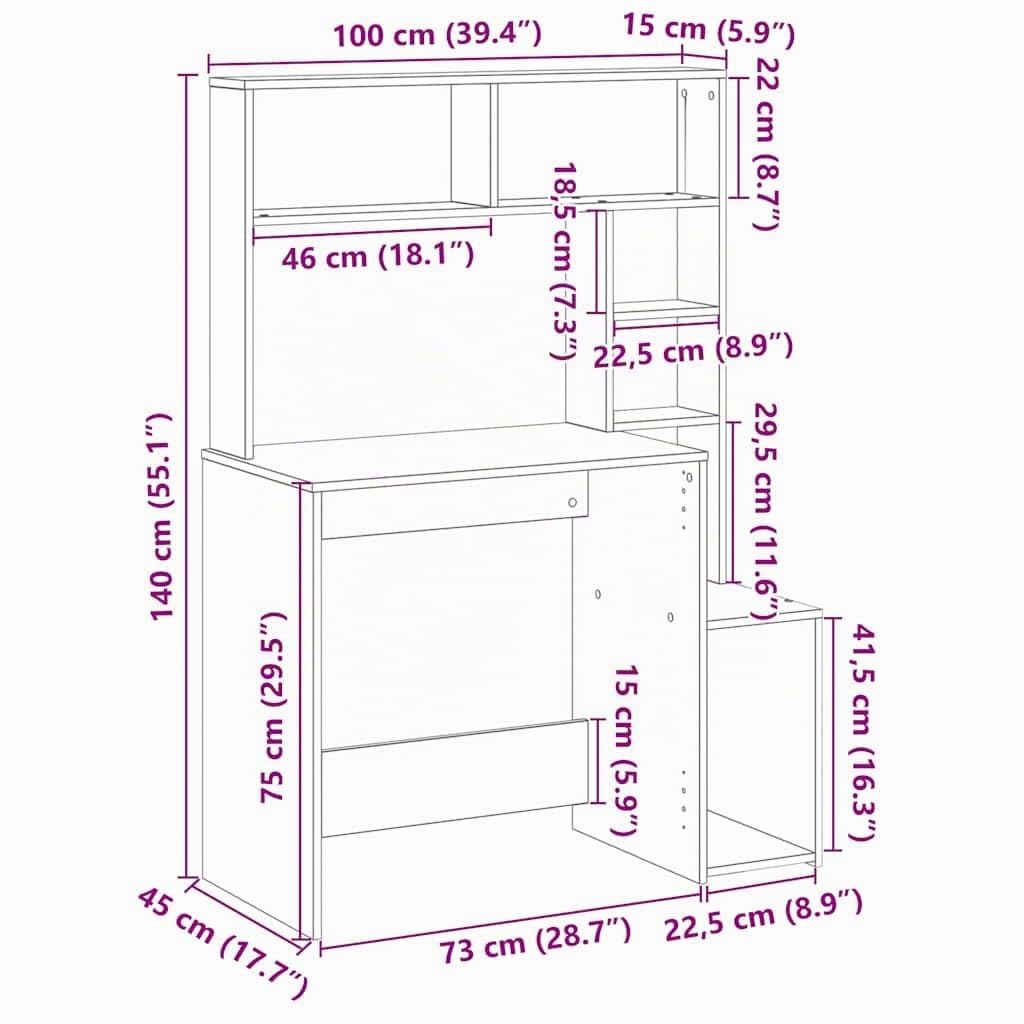 vidaXL Scrivania Mensole Rovere Sonoma 100x45x140 cm Legno Multistrato