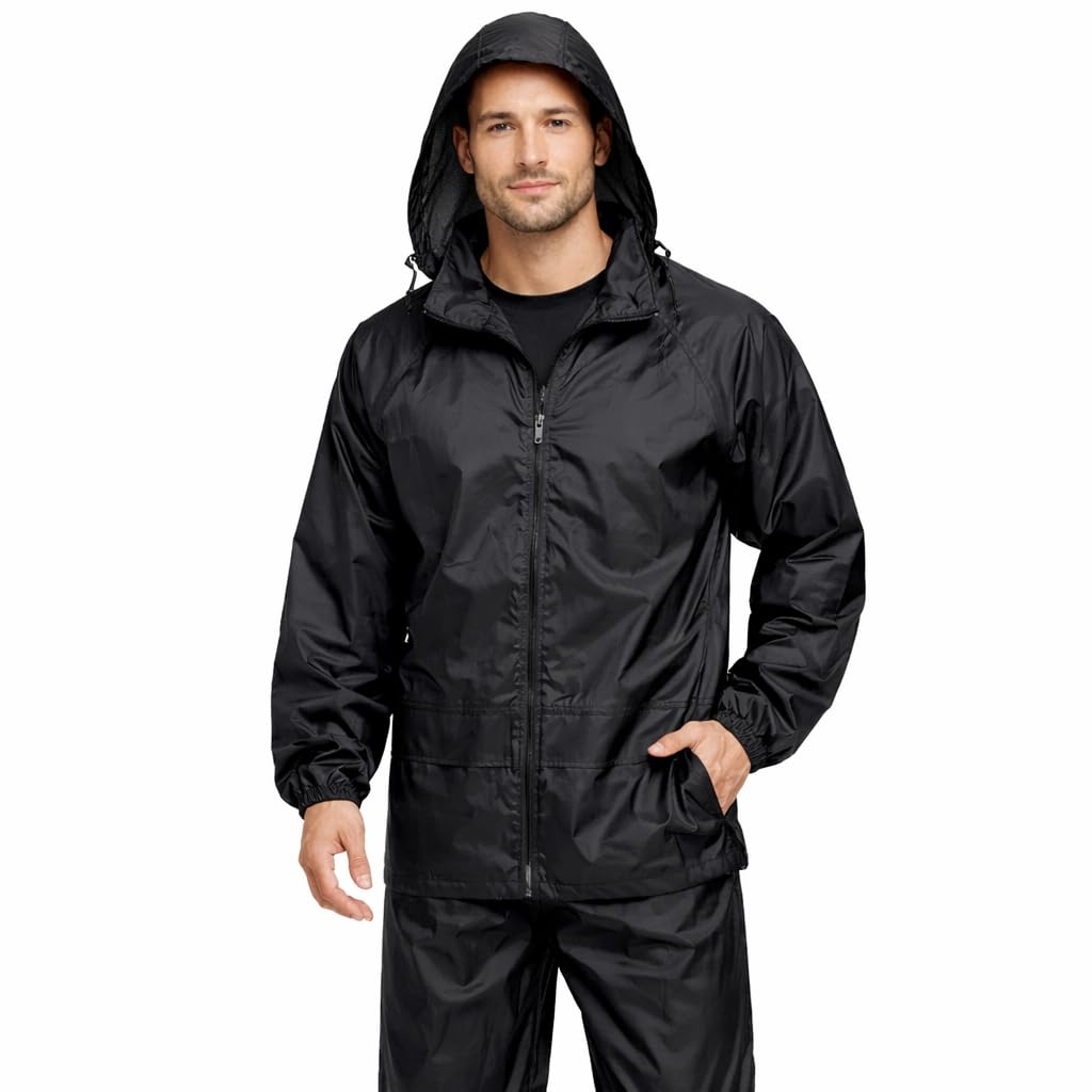 Cool Dealzz Men's Rain Suit Waterproof Jacket & Pant Set with Hood | Windproof Raincoat | Black 2