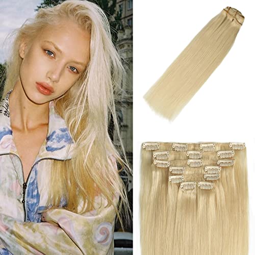 Clip in Hair Extensions Platinum Blonde For Women 20Inch Soft Human Remy Hair Extensions Clip Ins #60 70g 7PCS