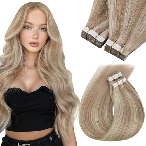Sunny Hair Tape in Hair Extensions Real Human Hair Invisible Remy Hair Extensions Tape ins for Women Ash Blonde Highlight Bleach Blonde with Pink Hue 16 inch 20Pcs 50G