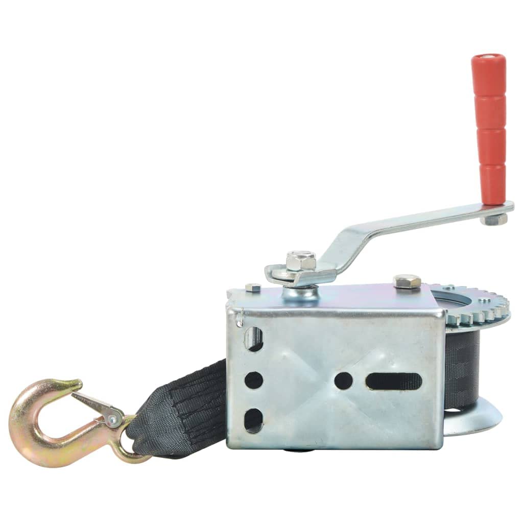 Verricello manuale con cinghia 540 kg, ferro e poliestere, cinghia da 7 m, rapporto 4,1 1, verricello di trazione con gancio di carico per rimorchi, officine, garage e fuoristrada