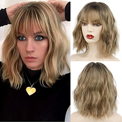 MISSQUEEN Short Curly Bob Wig With Bangs Wavy Synthetic Cosplay Bob Wig loose wave for women Costume Wigs ombre Black to Brown Mixed Color